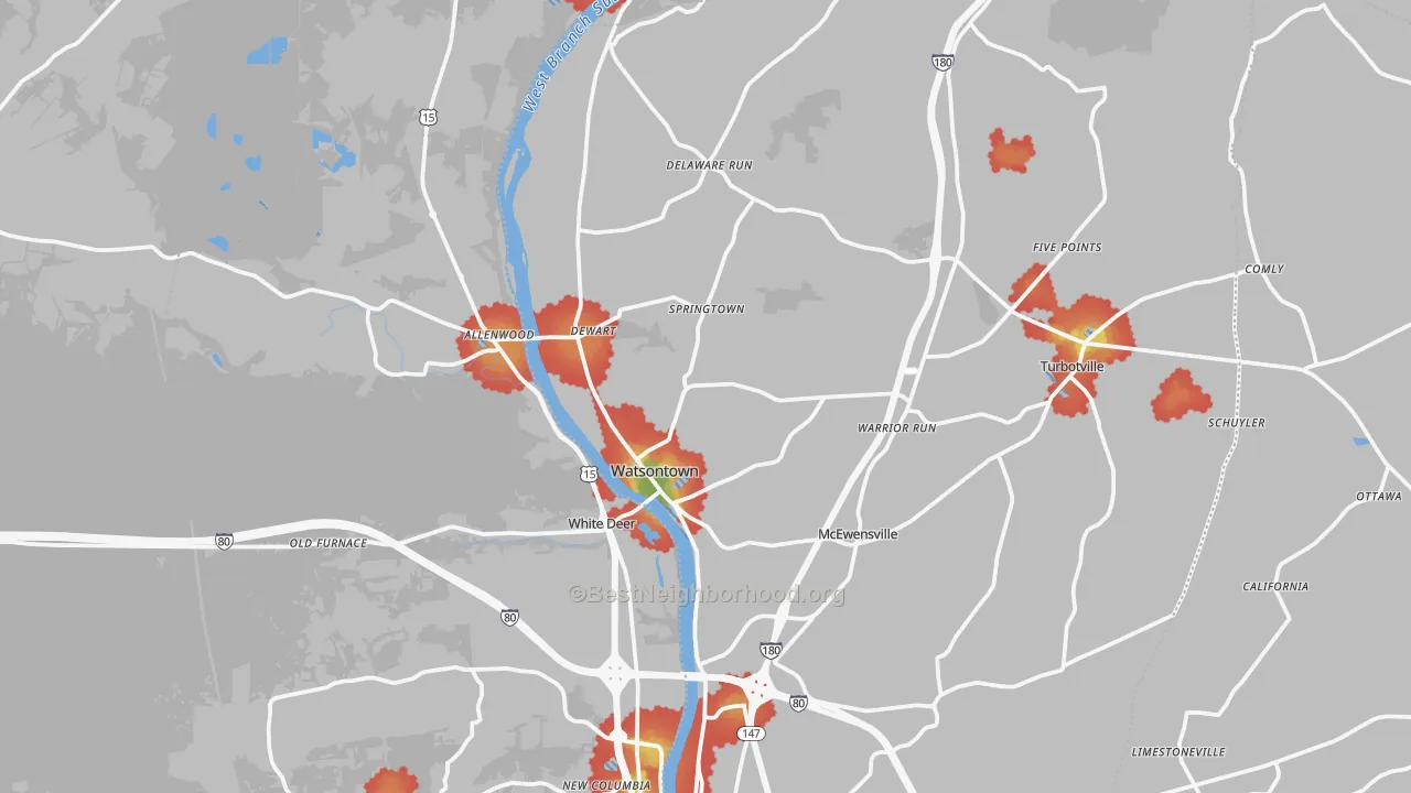 Walk Grade map of Watsontown, PA, walkable areas in green and car-dependent areas in red