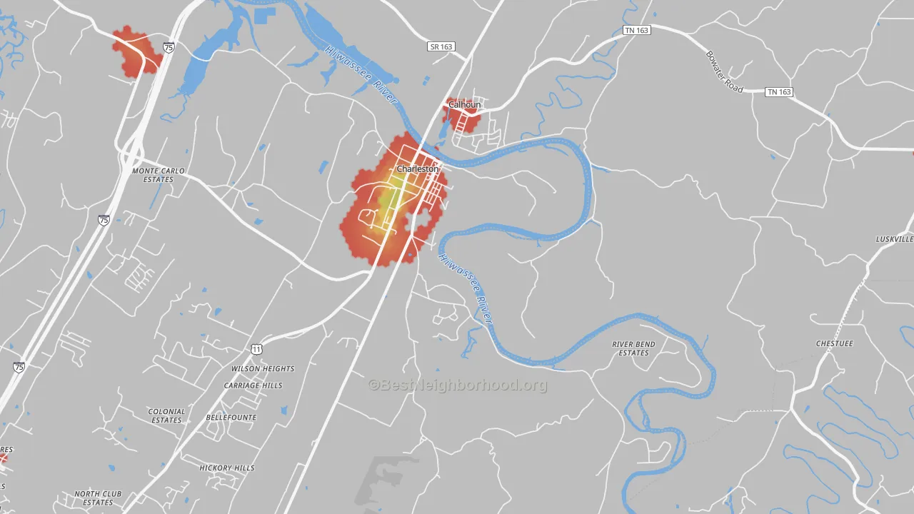 Walk Grade map of Watt Heights, TN, walkable areas in green and car-dependent areas in red