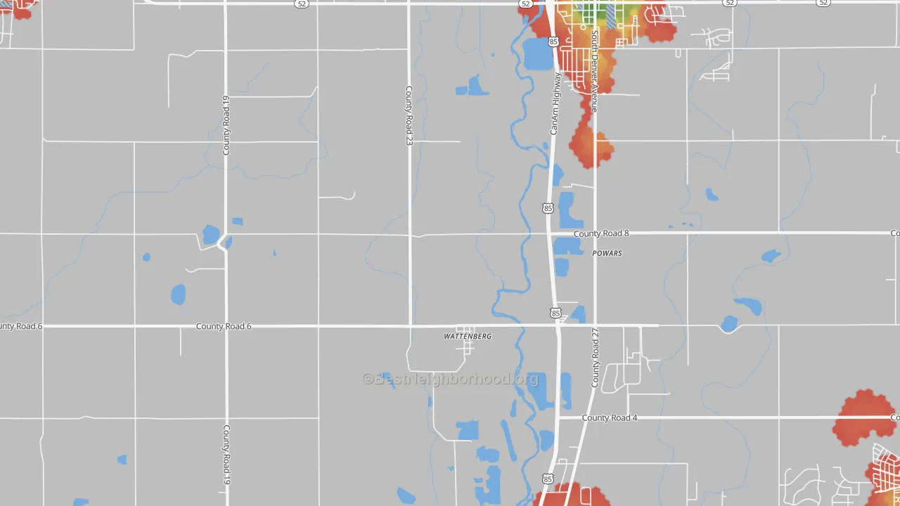 Walk Grade map of Wattenberg, CO, walkable areas in green and car-dependent areas in red