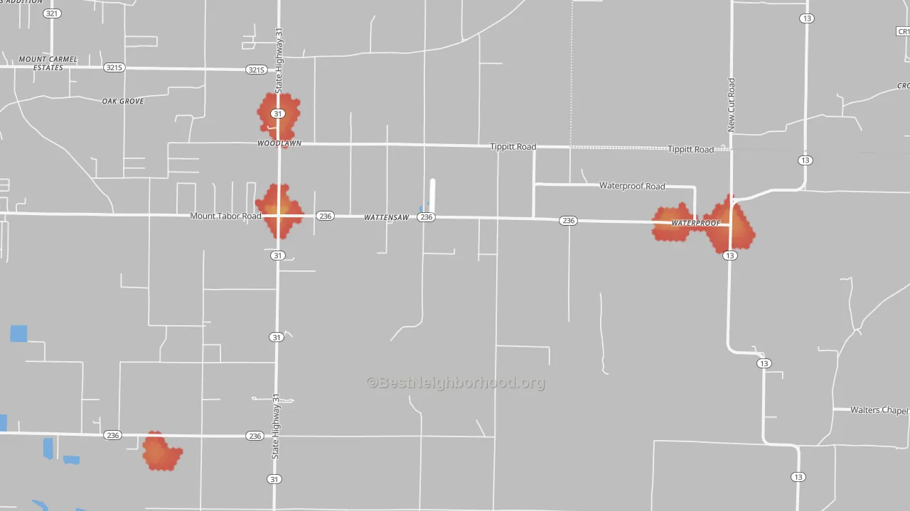 Walk Grade map of Wattensaw, AR, walkable areas in green and car-dependent areas in red