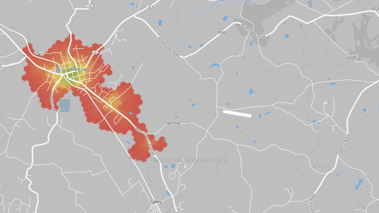 Walk Grade map of Watters, PA, walkable areas in green and car-dependent areas in red