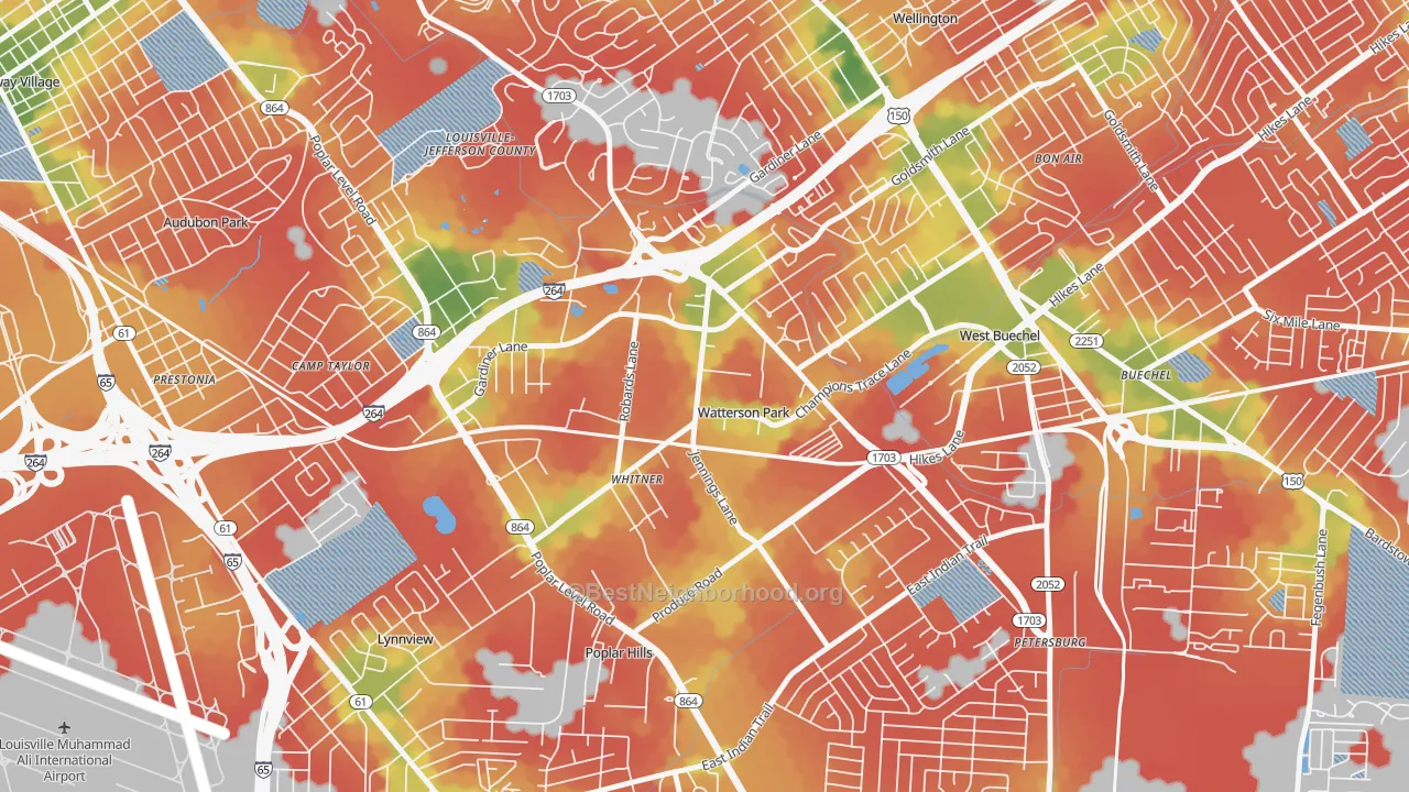 Walk Grade map of Watterson Park, KY, walkable areas in green and car-dependent areas in red