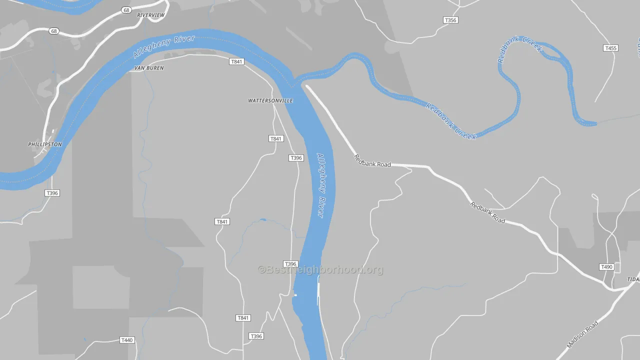 Walk Grade map of Wattersonville, PA, walkable areas in green and car-dependent areas in red