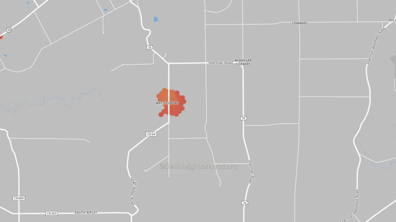 Walk Grade map of Wattlesburg, NY, walkable areas in green and car-dependent areas in red