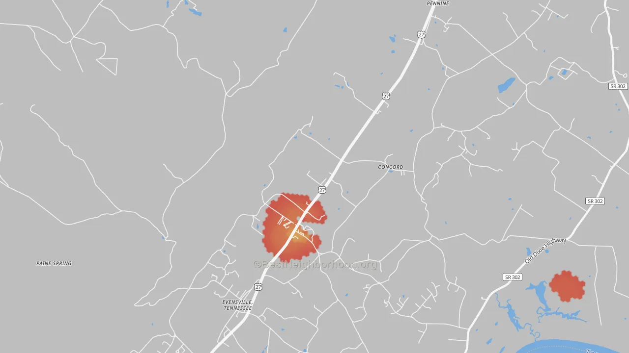 Walk Grade map of Watts Bar Dam, TN, walkable areas in green and car-dependent areas in red