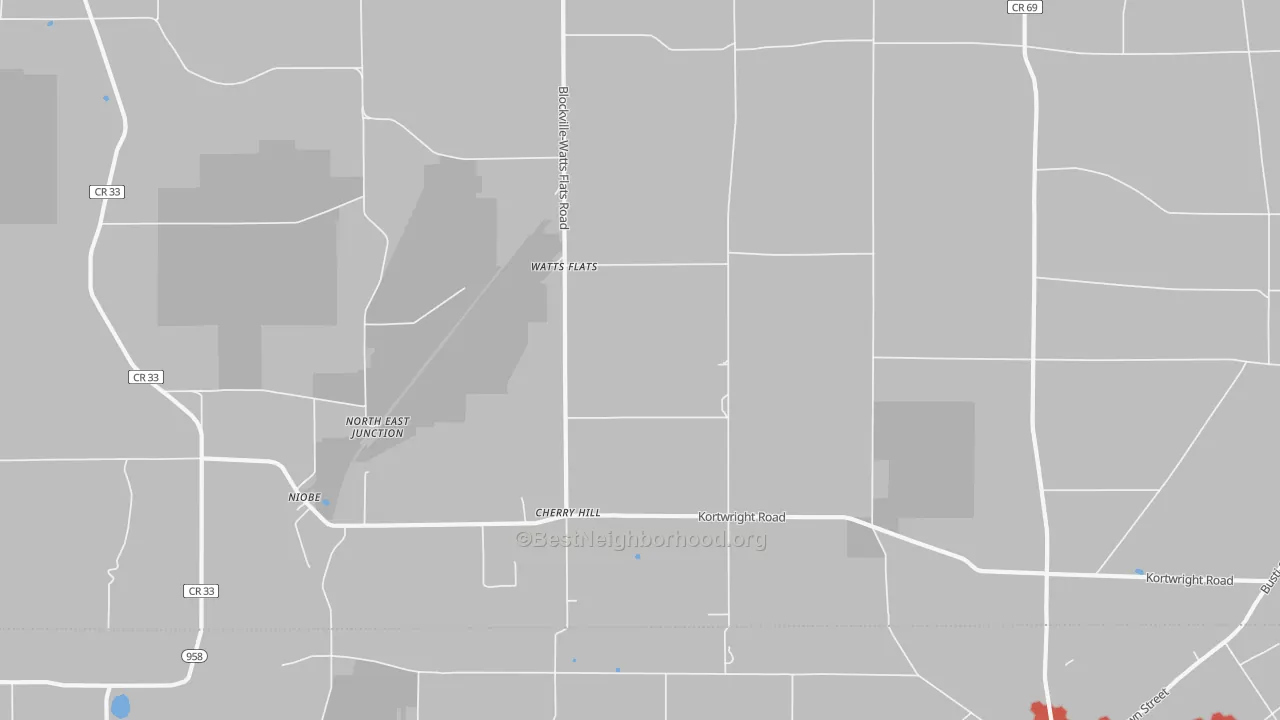 Walk Grade map of Watts Flats, NY, walkable areas in green and car-dependent areas in red