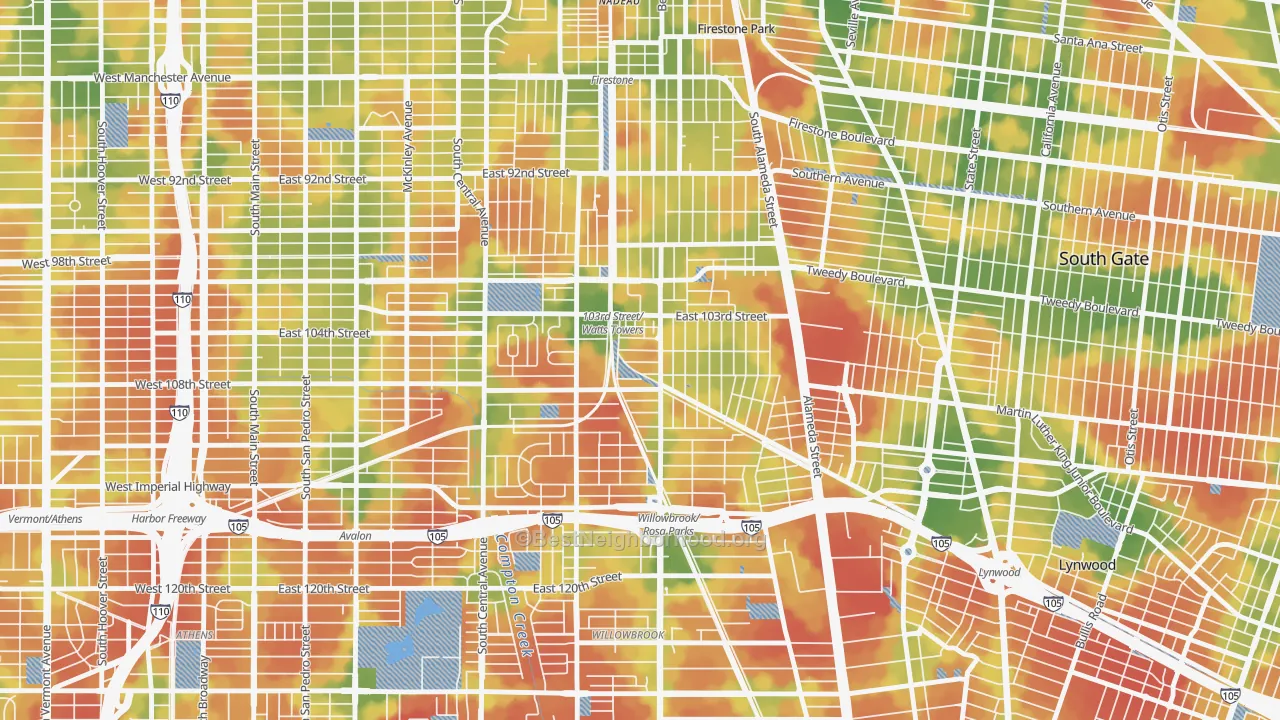 Walk Grade map of Watts, Los Angeles, CA, walkable areas in green and car-dependent areas in red