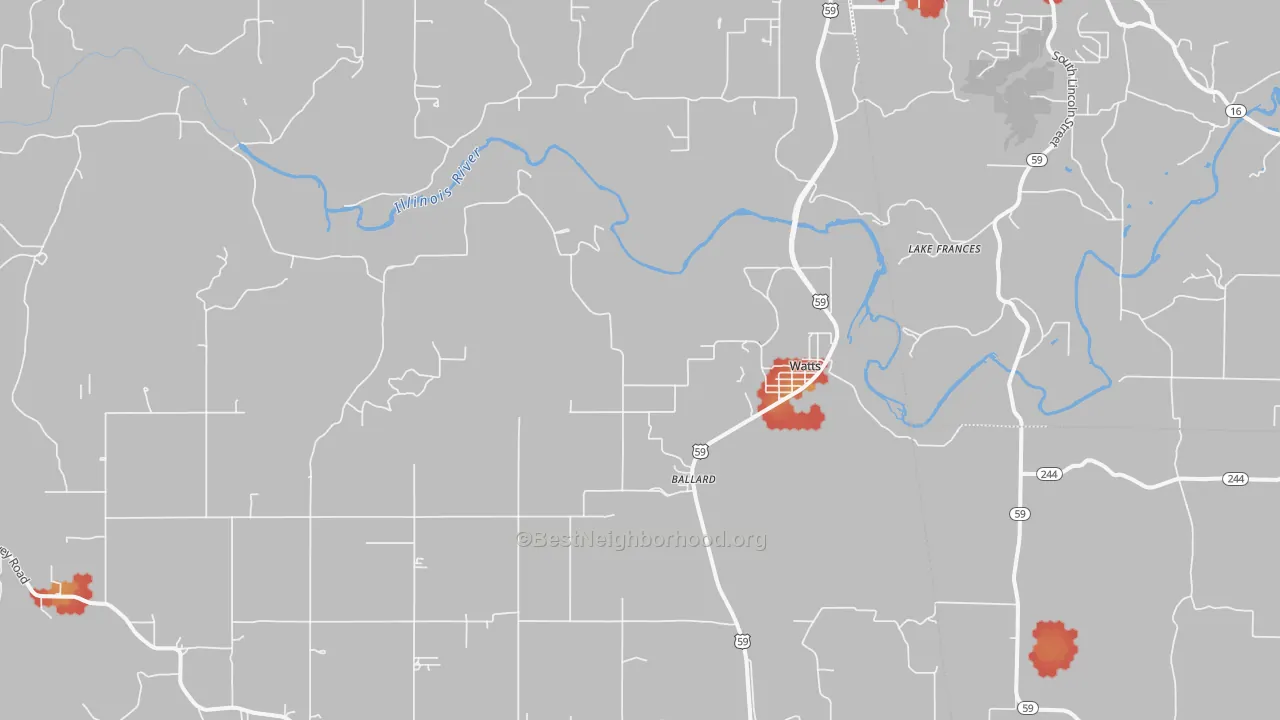 Walk Grade map of Watts, OK, walkable areas in green and car-dependent areas in red