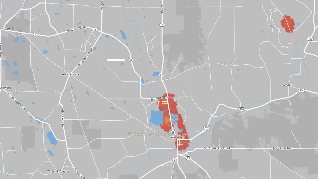 Walk Grade map of Wattsburg, PA, walkable areas in green and car-dependent areas in red