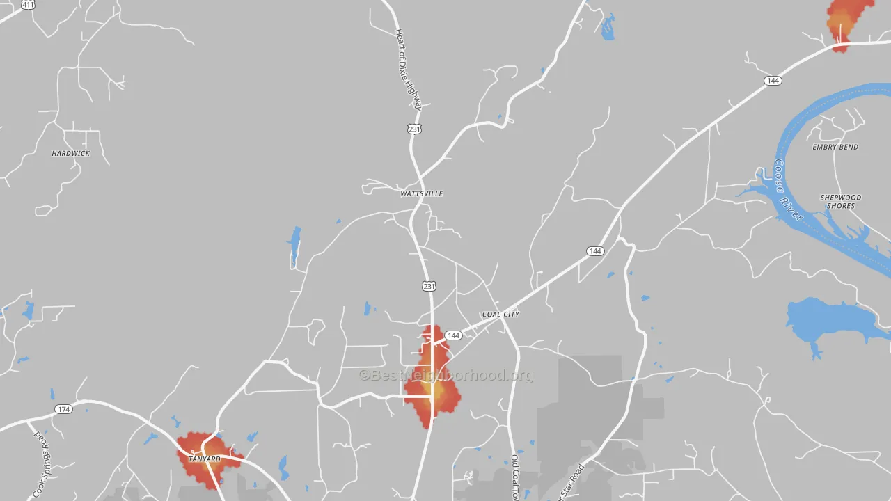 Walk Grade map of Wattsville, AL, walkable areas in green and car-dependent areas in red