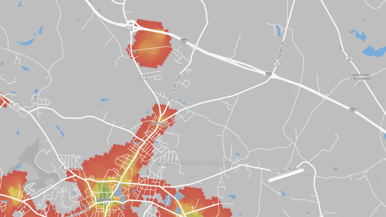 Walk Grade map of Wattsville, SC, walkable areas in green and car-dependent areas in red