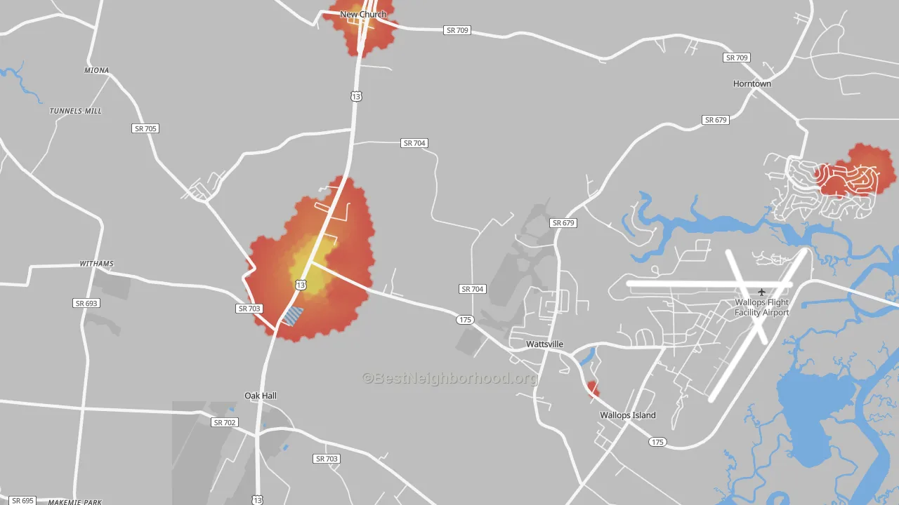 Walk Grade map of Wattsville, VA, walkable areas in green and car-dependent areas in red