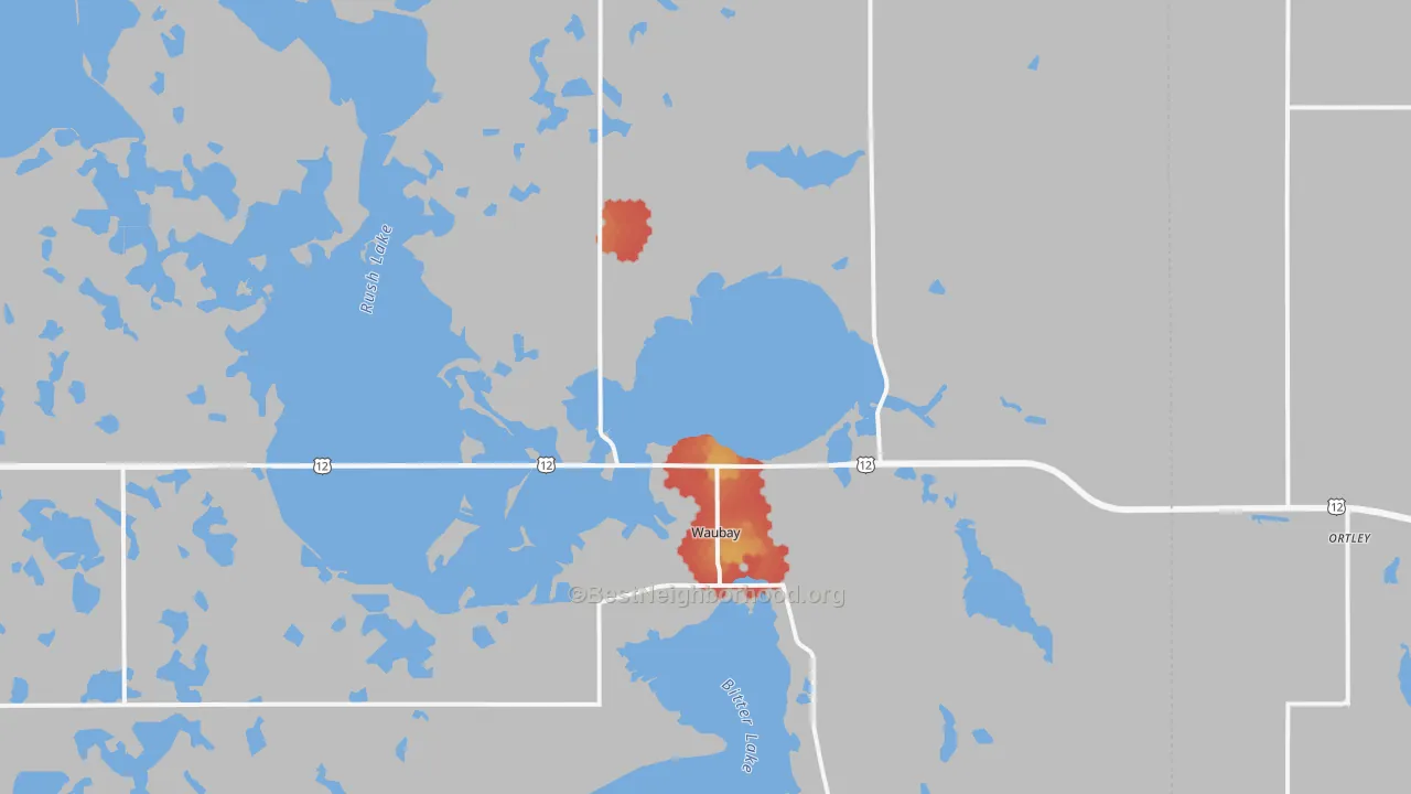 Walk Grade map of Waubay, SD, walkable areas in green and car-dependent areas in red