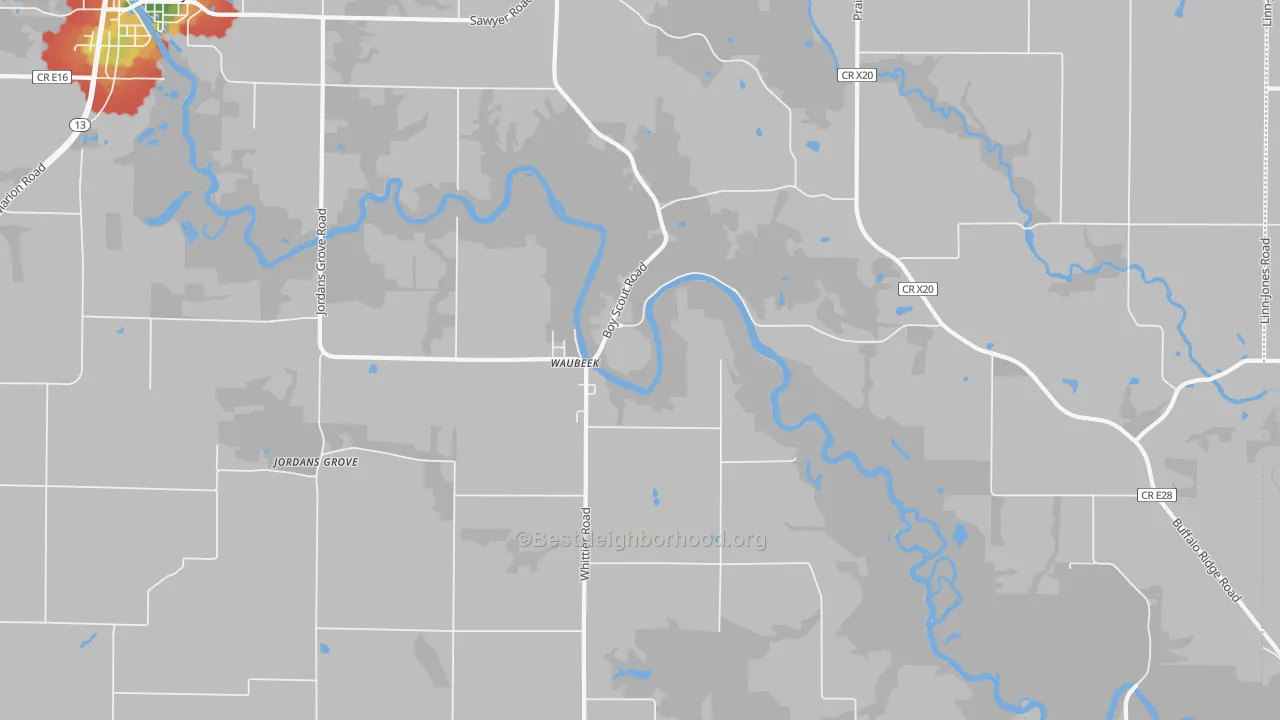 Walk Grade map of Waubeek, IA, walkable areas in green and car-dependent areas in red