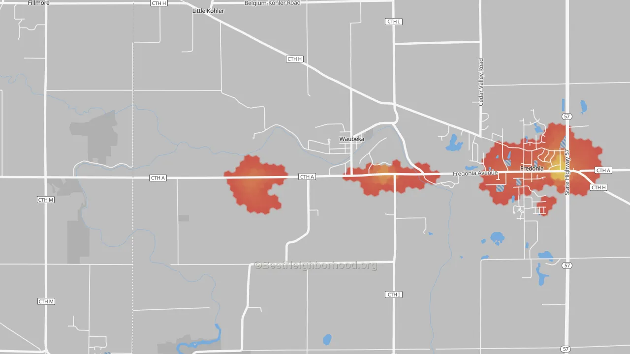 Walk Grade map of Waubeka, WI, walkable areas in green and car-dependent areas in red