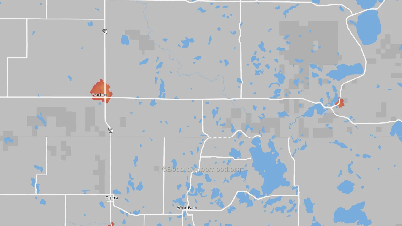 Walk Grade map of Waubun, MN, walkable areas in green and car-dependent areas in red