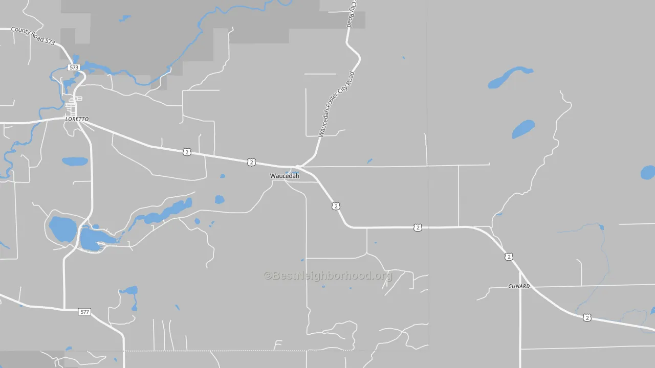 Walk Grade map of Waucedah, MI, walkable areas in green and car-dependent areas in red