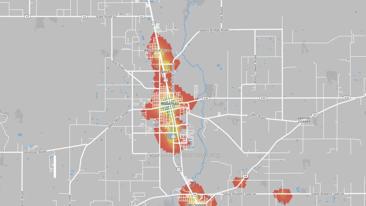 Walk Grade map of Wauchula, FL, walkable areas in green and car-dependent areas in red