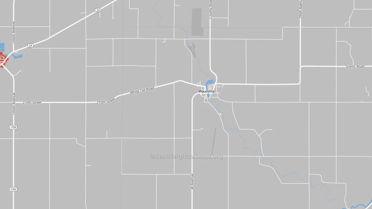 Walk Grade map of Waucoma, IA, walkable areas in green and car-dependent areas in red