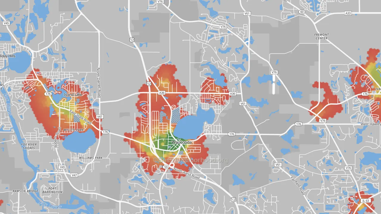 Walk Grade map of Wauconda, IL, walkable areas in green and car-dependent areas in red