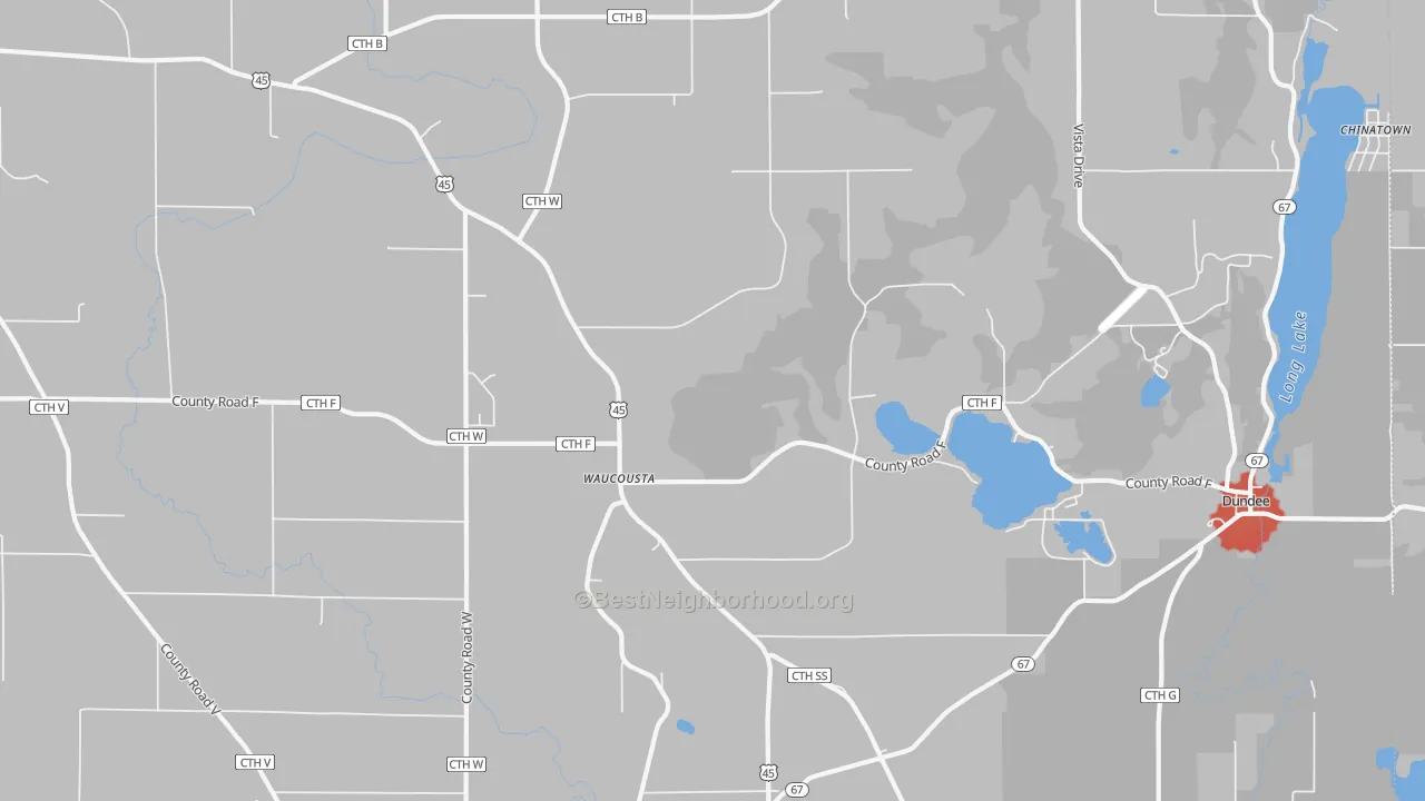 Walk Grade map of Waucousta, WI, walkable areas in green and car-dependent areas in red