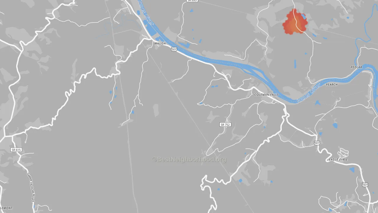 Walk Grade map of Waugh, VA, walkable areas in green and car-dependent areas in red