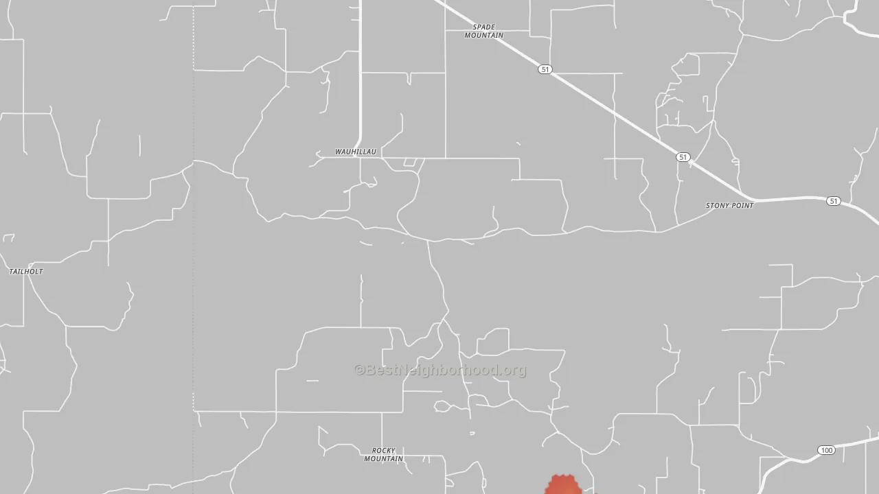 Walk Grade map of Wauhillau, OK, walkable areas in green and car-dependent areas in red