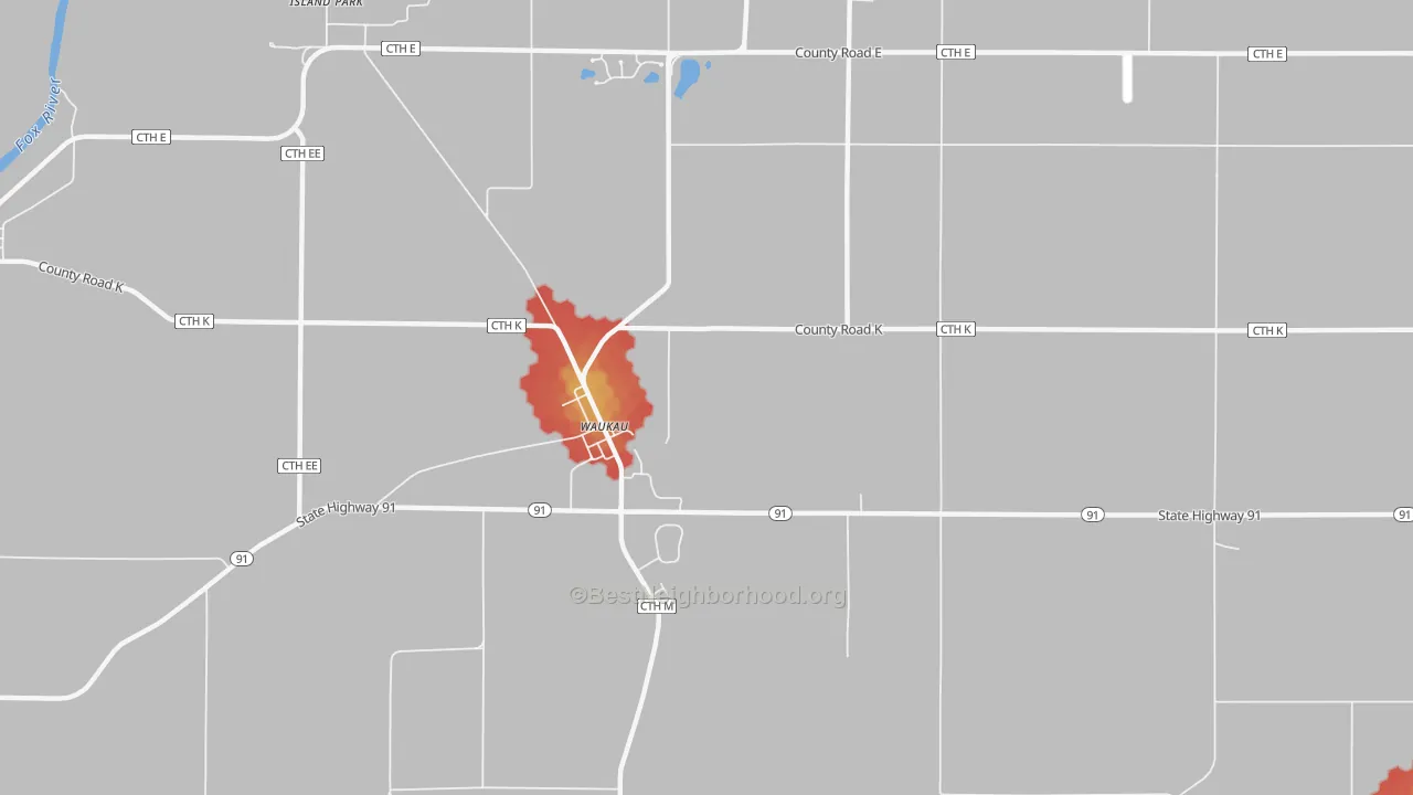 Walk Grade map of Waukau, WI, walkable areas in green and car-dependent areas in red