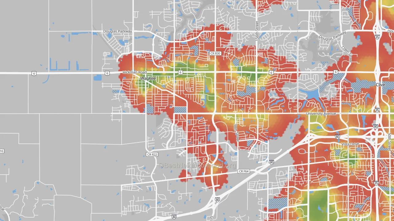 Walk Grade map of Waukee, IA, walkable areas in green and car-dependent areas in red