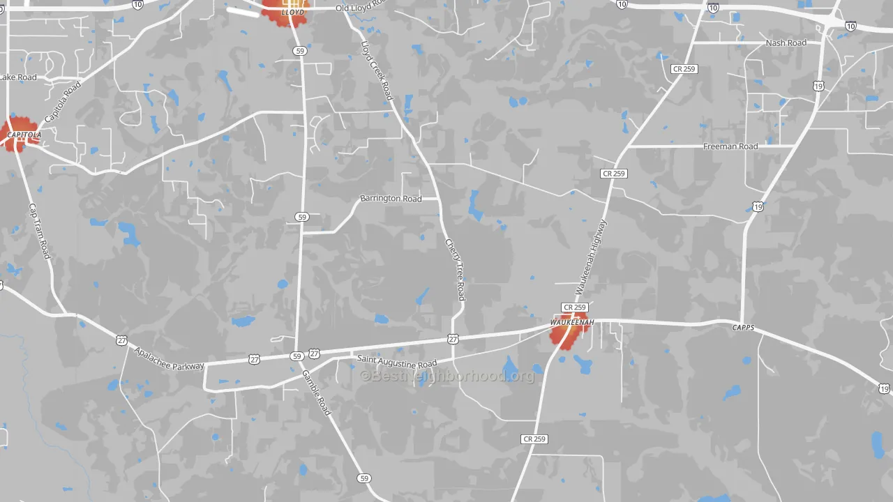 Walk Grade map of Waukeenah, FL, walkable areas in green and car-dependent areas in red