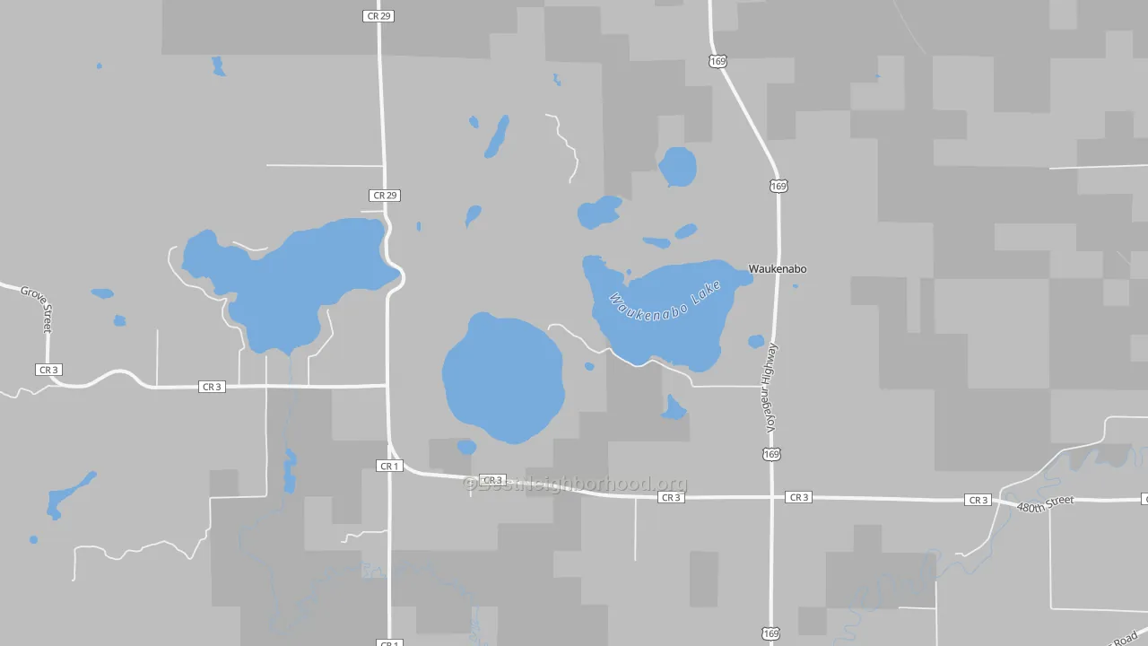 Walk Grade map of Waukenabo, MN, walkable areas in green and car-dependent areas in red
