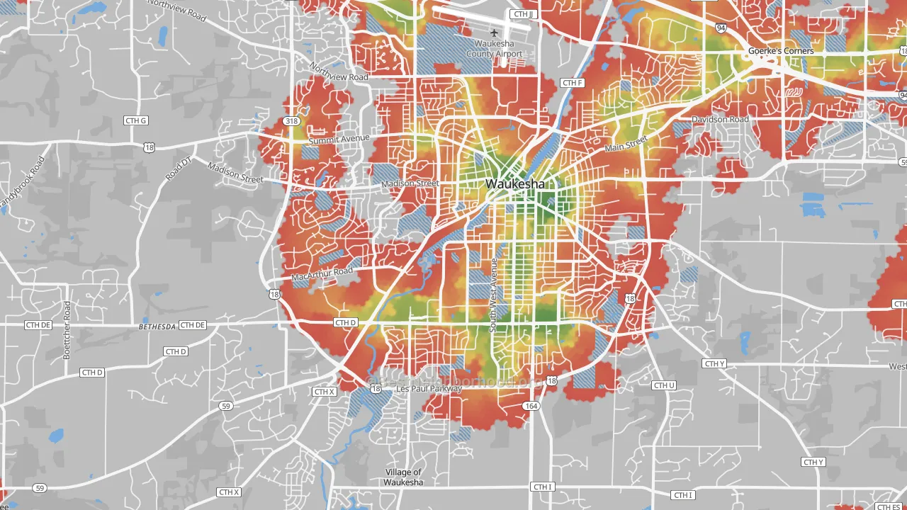 Walk Grade map of Waukesha, WI, walkable areas in green and car-dependent areas in red