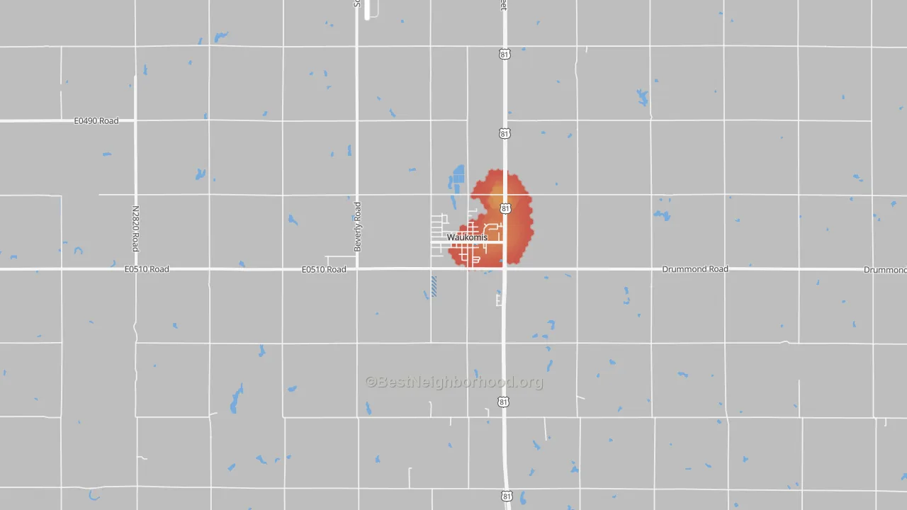 Walk Grade map of Waukomis, OK, walkable areas in green and car-dependent areas in red