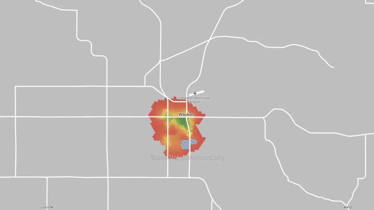 Walk Grade map of Waukon, IA, walkable areas in green and car-dependent areas in red