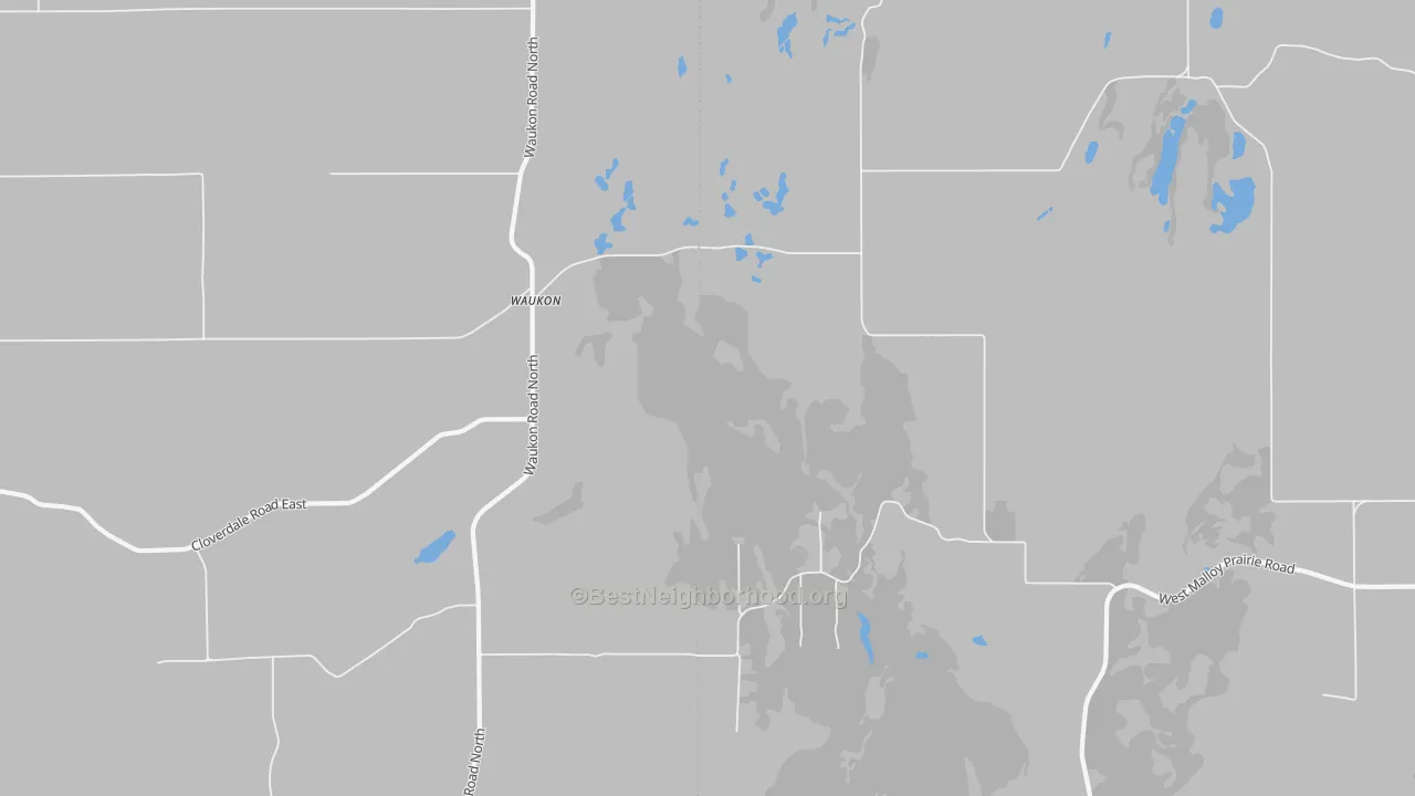 Walk Grade map of Waukon, WA, walkable areas in green and car-dependent areas in red