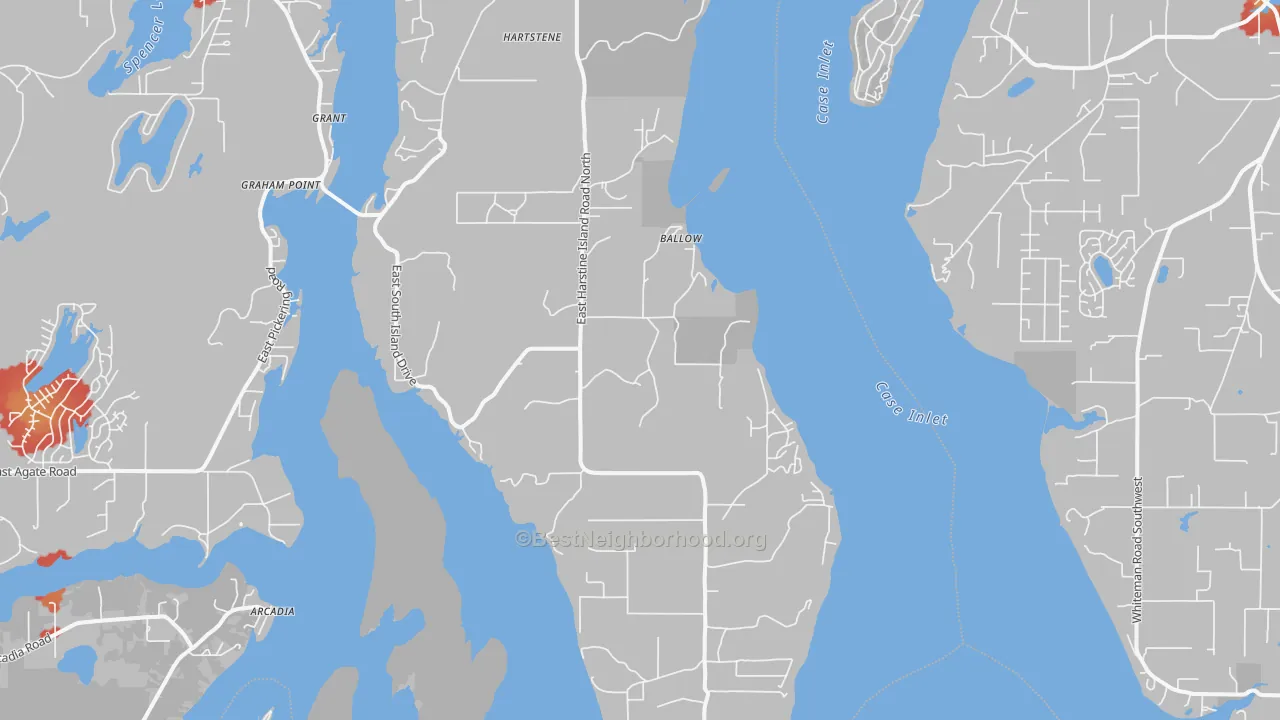 Walk Grade map of Wauna, WA, walkable areas in green and car-dependent areas in red