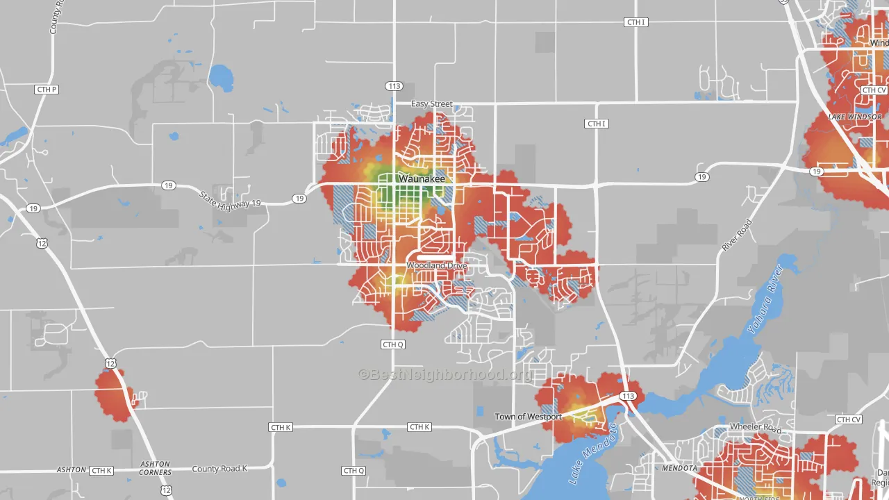 Walk Grade map of Waunakee, WI, walkable areas in green and car-dependent areas in red