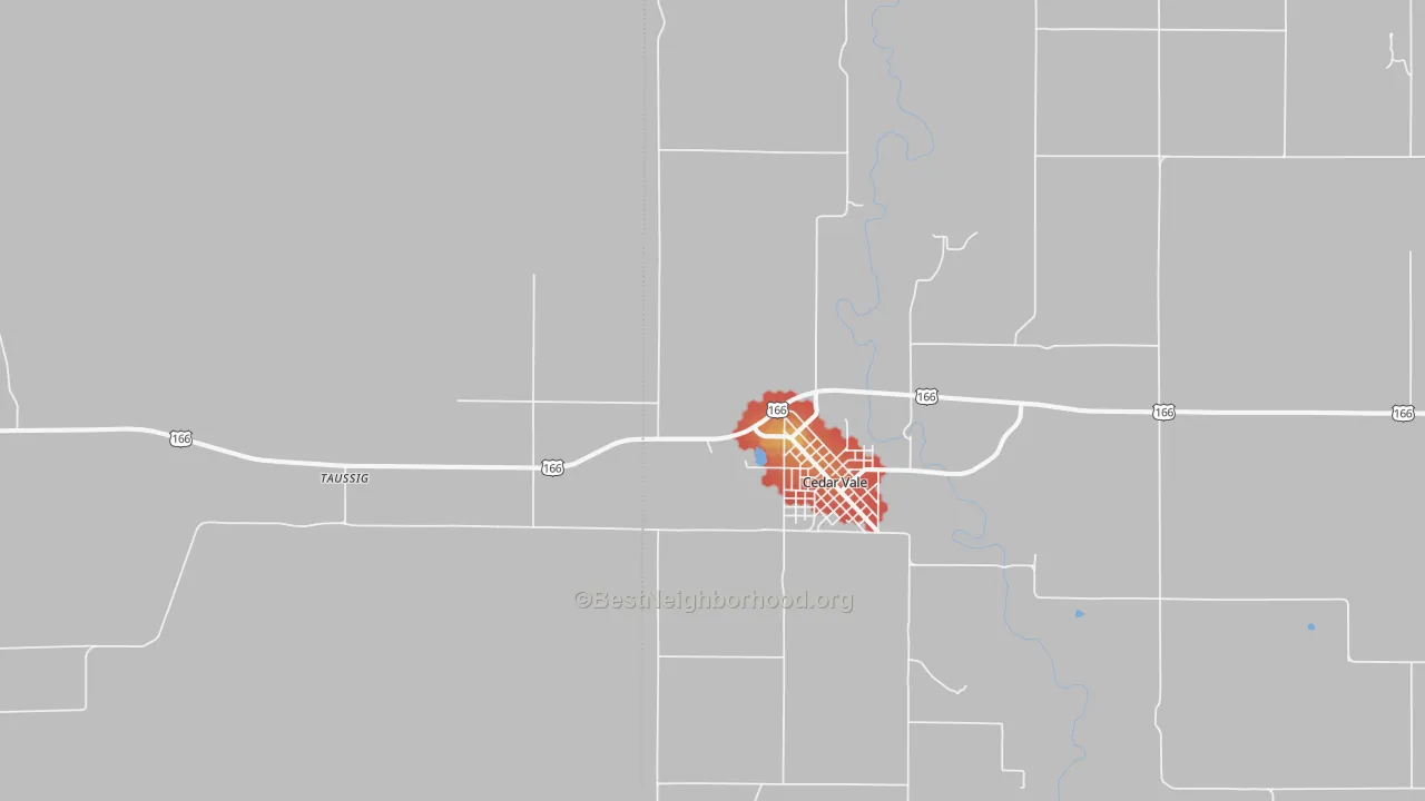 Walk Grade map of Wauneta, KS, walkable areas in green and car-dependent areas in red