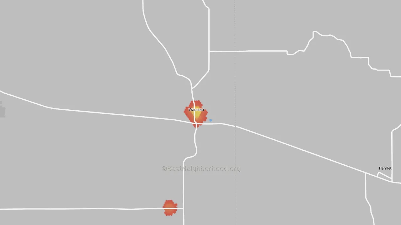 Walk Grade map of Wauneta, NE, walkable areas in green and car-dependent areas in red