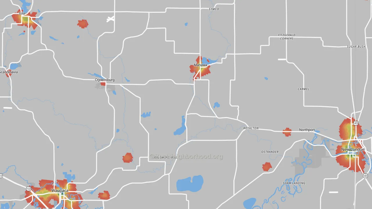 Walk Grade map of Waupaca County, WI, walkable areas in green and car-dependent areas in red