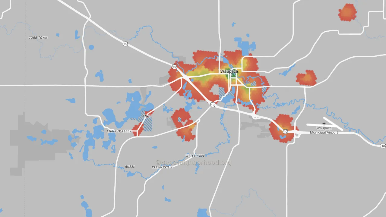 Walk Grade map of Waupaca, WI, walkable areas in green and car-dependent areas in red