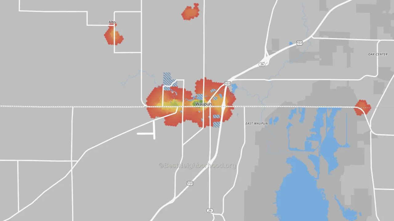 Walk Grade map of Waupun, WI, walkable areas in green and car-dependent areas in red