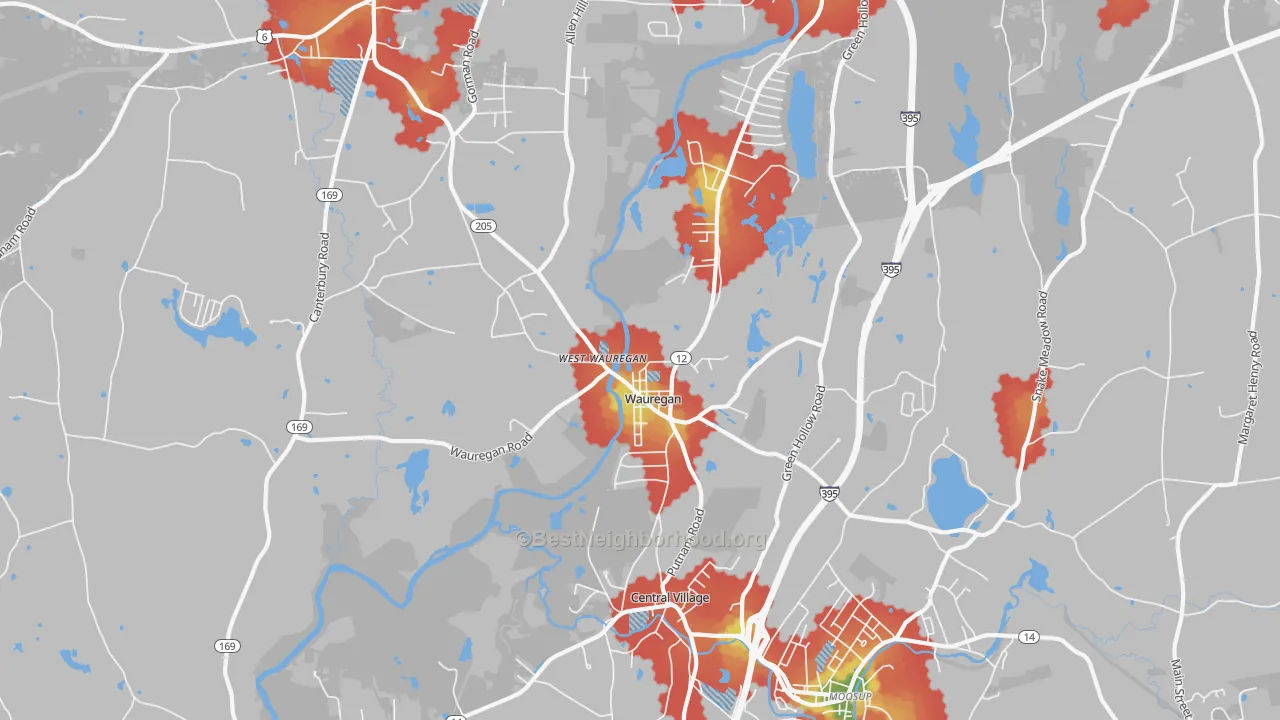 Walk Grade map of Wauregan, CT, walkable areas in green and car-dependent areas in red