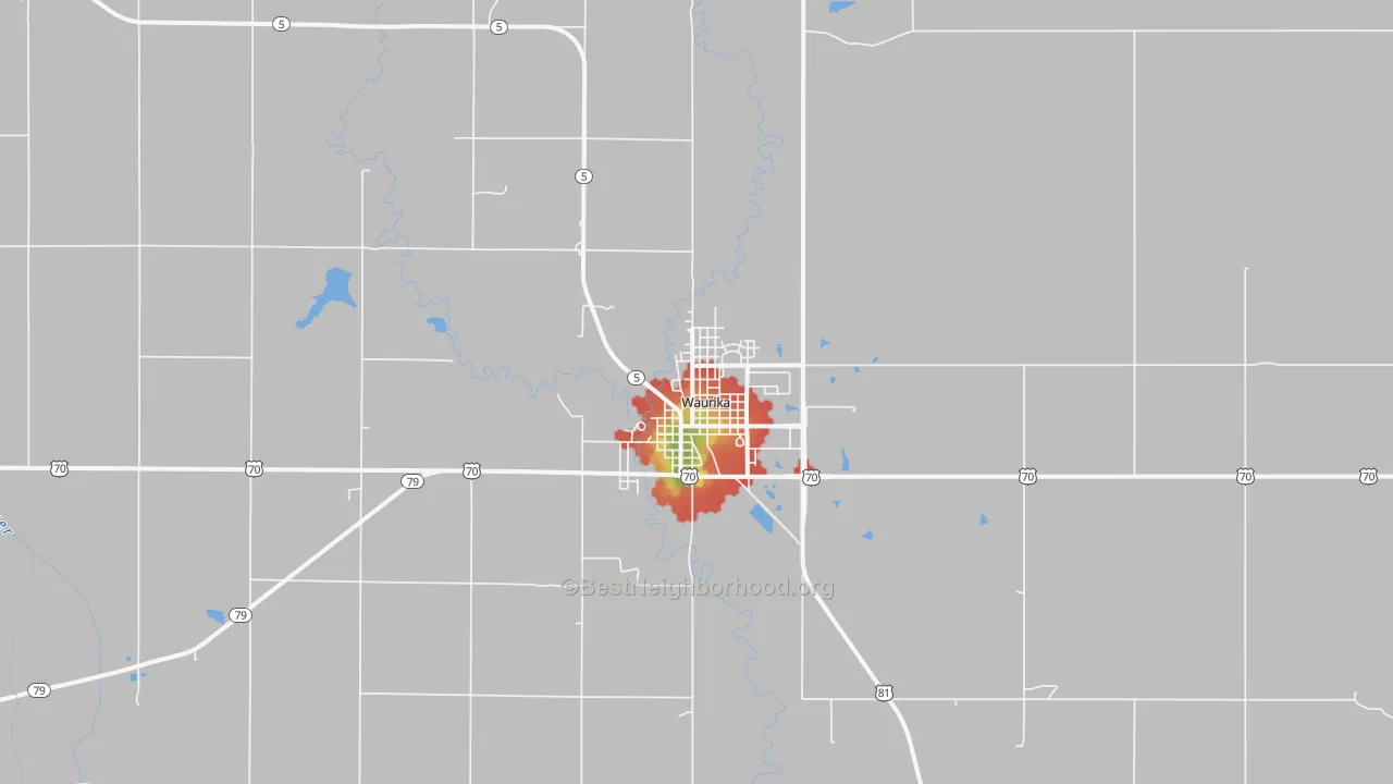 Walk Grade map of Waurika, OK, walkable areas in green and car-dependent areas in red