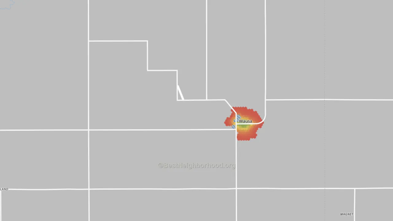 Walk Grade map of Wausa, NE, walkable areas in green and car-dependent areas in red