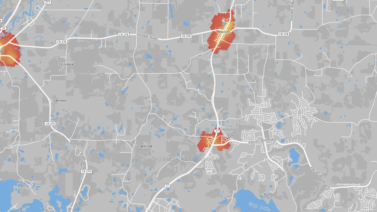 Walk Grade map of Wausau, FL, walkable areas in green and car-dependent areas in red