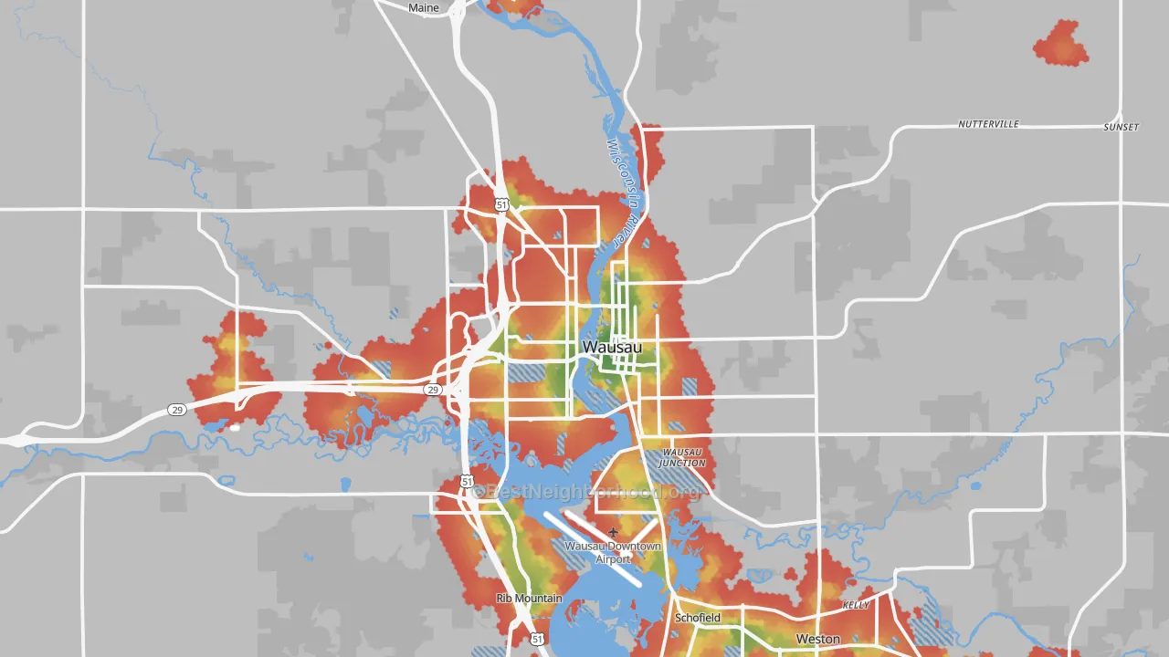 Walk Grade map of Wausau, WI, walkable areas in green and car-dependent areas in red