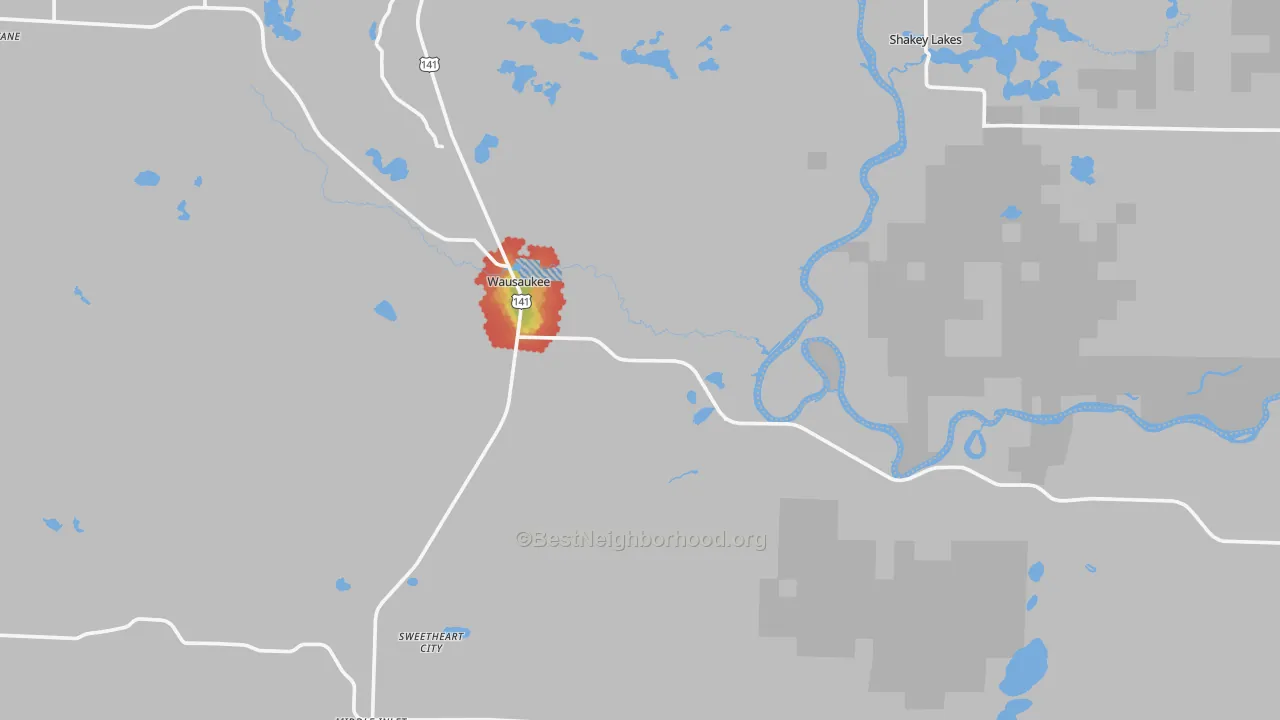 Walk Grade map of Wausaukee, WI, walkable areas in green and car-dependent areas in red