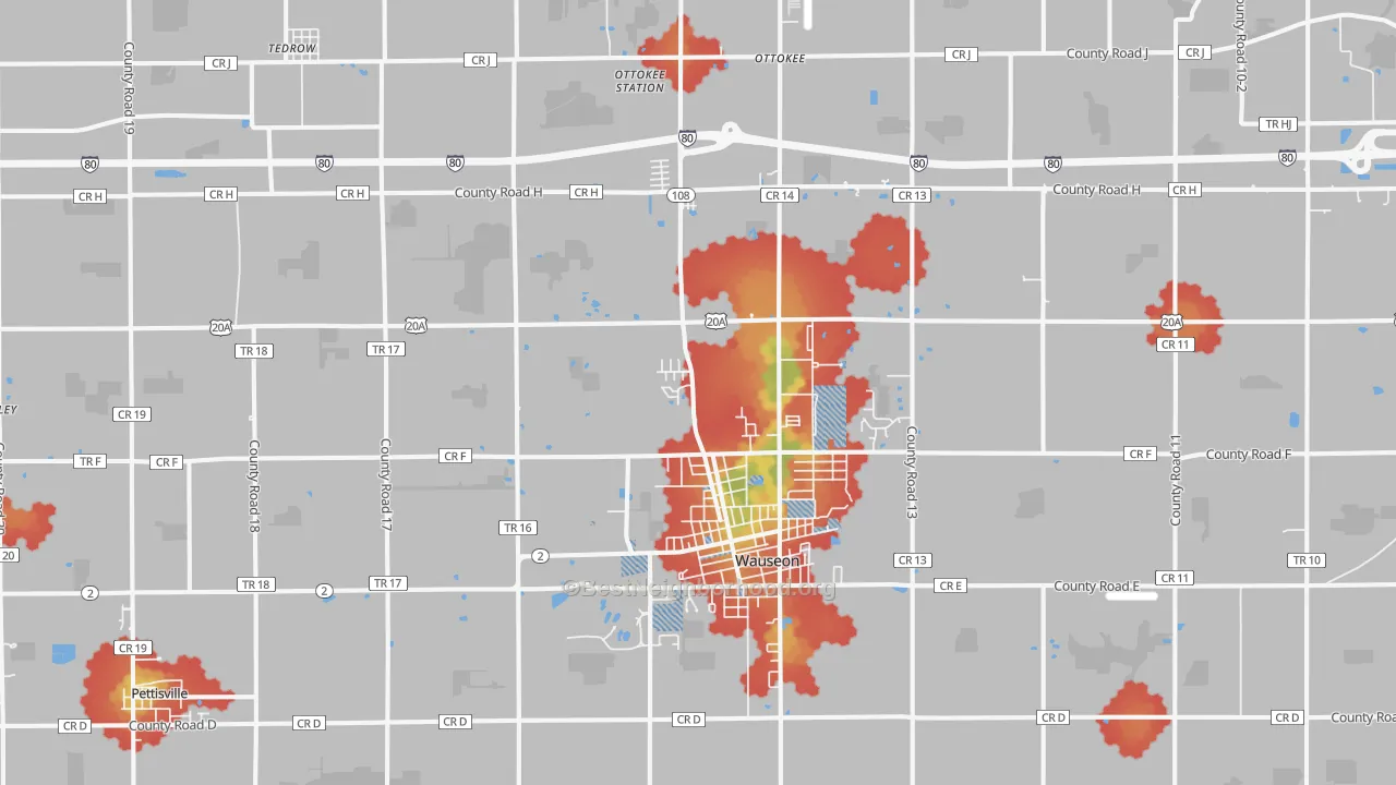 Walk Grade map of Wauseon, OH, walkable areas in green and car-dependent areas in red
