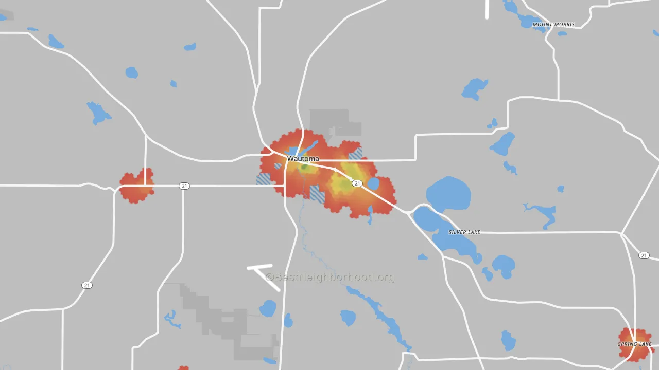 Walk Grade map of Wautoma, WI, walkable areas in green and car-dependent areas in red